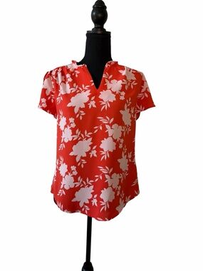 41 Hawthorn Coral and Peach Floral V-Notch Short-Sleeve Blouse XS